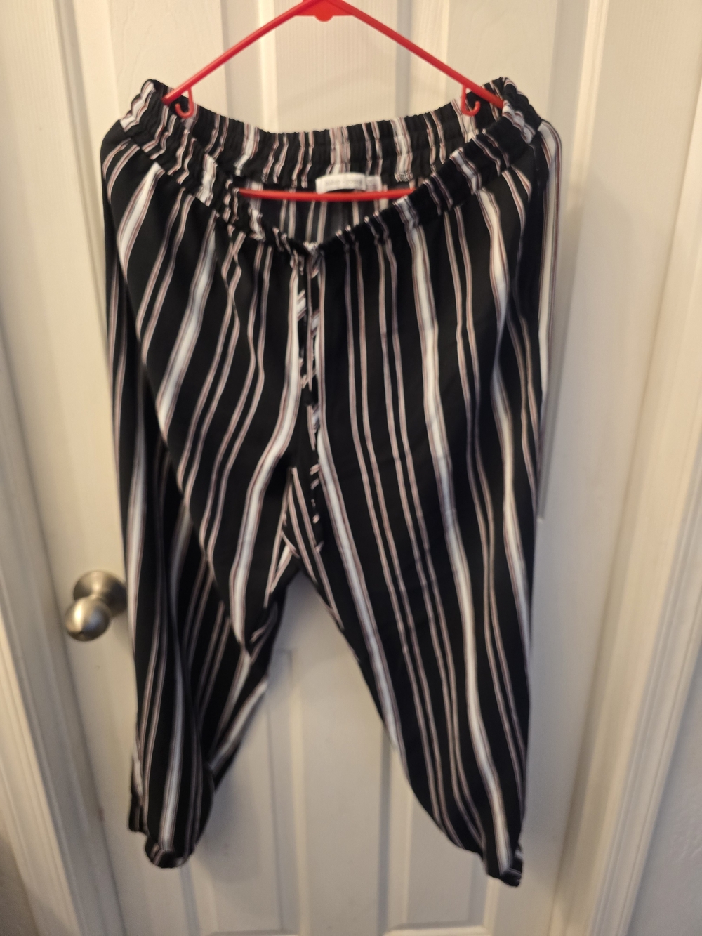 bishop + young Black, White & Burgundy Striped Elastic Waist Pants